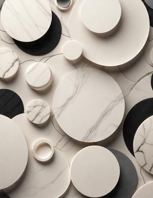 The primary subject of the image is a collection of white marble circles, which are arranged in various sizes and shapes. The setting is a white marble surface, which serves as the background for the circles. The visual style of the image is a combination of photo and digital art, as it appears to be a close-up of the marble circles. The dominant colors in the image are white and gray, giving the scene a clean and elegant appearance.