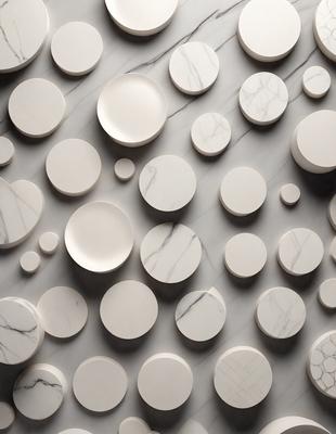The primary subject of the image is a collection of white bowls, plates, and circles arranged on a marble surface. The setting is a white marble wall, which serves as the backdrop for the arrangement. The visual style is a combination of photo and digital art, creating a unique and visually appealing display. The dominant colors are white and gray, giving the scene a clean and elegant appearance.