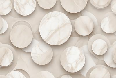 The primary subject of the image is a collection of white marble circles. These circles are arranged in a pattern, covering the entire image. The setting is a white background, which provides a clean and minimalist appearance. The visual style is a combination of photo and digital art, creating a realistic yet artistic representation of the marble circles. The colors and mood of the image are predominantly white, giving it a clean and elegant appearance.