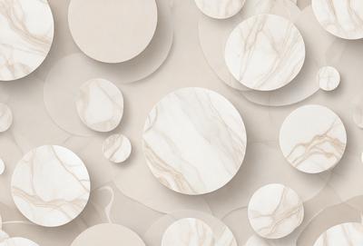 The primary subject of the image is a collection of white marble circles. The setting is a white wall, and the visual style appears to be a combination of a photo and digital art. The dominant colors are white and gray, creating a clean and minimalist atmosphere.