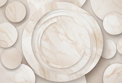The primary subject of the image is a marble tabletop with a circular design. The tabletop is surrounded by a variety of marble circles, creating a visually appealing pattern. The setting is a room with a marble surface, and the visual style is a combination of photo and digital art. The colors and mood of the image are predominantly neutral, with the marble circles providing a sense of elegance and sophistication.