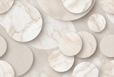 The primary subject of the image is a collection of white marble circles. These circles are arranged in a visually appealing manner, creating a sense of harmony and balance. The setting is a white wall, which serves as a clean and neutral backdrop for the circles. The visual style of the image is a combination of photo and digital art, as the circles are arranged in a way that resembles a pattern or a textured surface. The colors and mood of the image are predominantly white, which gives it a clean