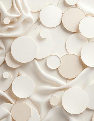 The primary subject of the image is a white, textured surface with numerous white circles scattered across it. The setting appears to be a white room, and the visual style is a combination of photo and digital art. The dominant colors are white, and the overall atmosphere is clean and minimalistic.