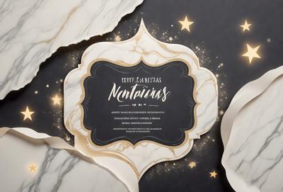 The primary subject of the image is a decorative card or invitation, featuring a marble-like design and a star pattern. The card is placed on a marble surface, which serves as the setting or background. The visual style of the image is a combination of digital art and illustration, creating a unique and elegant appearance. The colors and mood of the image are predominantly white and gold, giving it a sophisticated and luxurious feel.