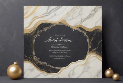 The primary subject of the image is a black and gold invitation card. The card is placed on a marble surface, which serves as the setting and background. The visual style of the image is a combination of digital art and illustration, creating a sophisticated and elegant appearance. The colors and mood of the image are predominantly black and gold, giving it a luxurious and refined feel.