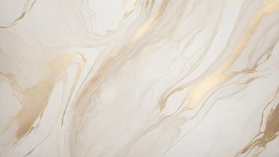 The primary subject of the image is a marble-like surface with a gold-colored pattern. The setting is a white background, and the visual style appears to be a combination of a photo and digital art. The colors and mood of the image are predominantly white and gold, creating a luxurious and elegant atmosphere.