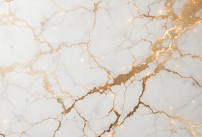 The primary subject of the image is a marble surface with a gold-like pattern. The setting is a white marble countertop, and the visual style is a close-up of the marble surface. The colors and mood of the image are predominantly white and gold, creating a luxurious and elegant atmosphere.