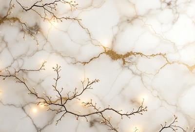 The primary subject of the image is a marble wall with a branch pattern. The setting is a marble surface, and the visual style is a close-up of the branch pattern. The colors and mood of the image are predominantly white, giving it a clean and elegant appearance.