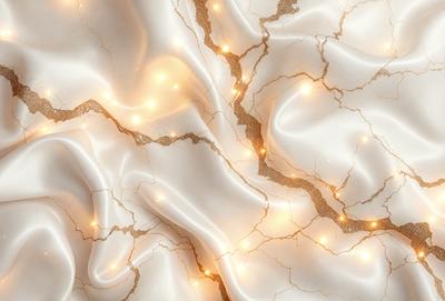 The primary subject of the image is a white marble wall with a gold-like texture. The setting is a room with a white marble floor. The visual style is a combination of photo and digital art, creating a unique and intricate pattern. The dominant colors are white and gold, giving the scene a luxurious and elegant atmosphere.