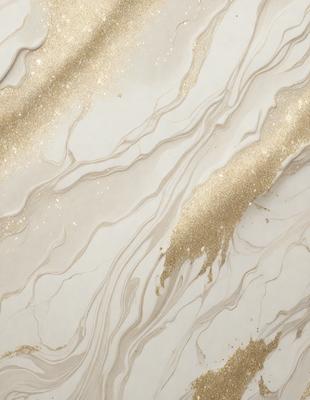 The primary subject of the image is a marble-like surface with a gold-like pattern. The setting is a white background, and the visual style appears to be a combination of a photo and digital art. The colors and mood of the image are predominantly white and gold, creating a luxurious and elegant atmosphere.