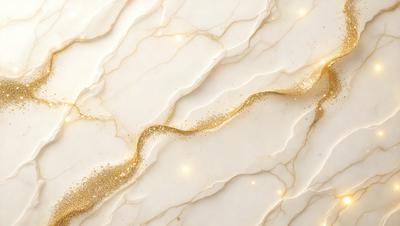 The primary subject of the image is a marble surface with a gold-colored streak running through it. The setting is a white marble wall, and the visual style is a close-up of the marble surface. The colors and mood of the image are predominantly white and gold, creating a luxurious and elegant atmosphere.