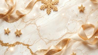 The primary subject of the image is a gold star ornament, which is placed on a marble surface. The setting is a white marble countertop, and the visual style is a combination of photo and digital art. The colors and mood of the image are warm and festive, with the gold star ornament being the main focus.