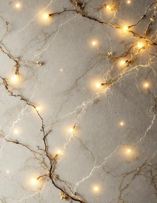 The primary subject of the image is a close-up of a lighted branch, which appears to be a part of a tree. The setting is a white wall, and the visual style is a combination of a photo and digital art. The colors and mood of the image are predominantly yellow, creating a warm and inviting atmosphere.