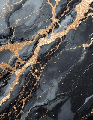 The primary subject of the image is a marble countertop with a gold and black pattern. The setting is a kitchen, and the visual style is a photo. The dominant colors are gold and black, creating a luxurious and elegant atmosphere.
