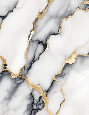 The primary subject of the image is a marble surface with gold accents. The setting is a white marble countertop, and the visual style is a close-up of the marble surface. The colors and mood of the image are predominantly white and gold, creating a luxurious and elegant atmosphere.
