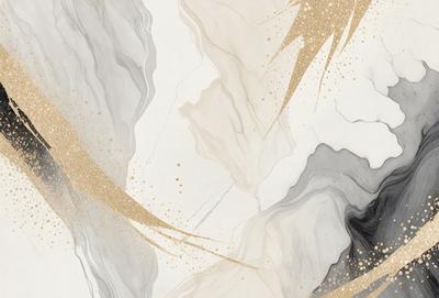 The primary subject of the image is a marble-like texture with gold accents. The setting is a white background, and the visual style appears to be a combination of digital art and illustration. The dominant colors are white and gold, creating a luxurious and elegant atmosphere.