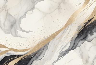 The primary subject of the image is a painting of a marble-like surface with gold and black colors. The setting is a white marble-like surface, and the visual style appears to be a painting or drawing. The dominant colors are gold and black, creating a contrasting and elegant atmosphere.
