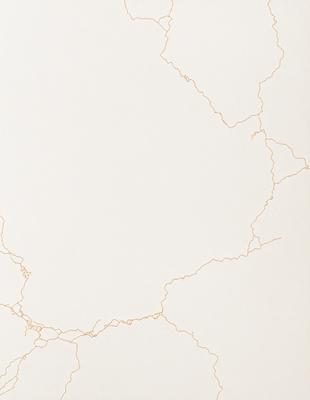 The primary subject of the image is a white wall with a gold line running through it. The setting is a room with a white background. The visual style is a combination of a photo and a drawing, creating a unique and artistic appearance. The colors and mood of the image are predominantly white and gold, giving it a warm and elegant feel.