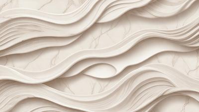 The primary subject of the image is a marble wall with a wave-like pattern. The setting is a room with a white marble wall, and the visual style is a close-up of the marble wall. The colors and mood of the image are predominantly white, giving it a clean and elegant appearance.