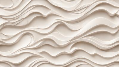 The primary subject of the image is a large, white, textured wall with a wave-like pattern. The setting is a room with a white background, and the visual style appears to be a combination of a photo and digital art. The dominant colors are white and gray, creating a clean and modern atmosphere.