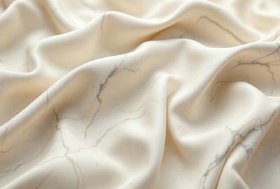 The primary subject of the image is a white fabric, possibly a sheet or a curtain, with a marbled pattern. The setting is a white background, which provides a clean and minimalist appearance. The visual style is a close-up of the fabric, showcasing its texture and pattern. The colors and mood of the image are predominantly white, giving it a clean and serene atmosphere.