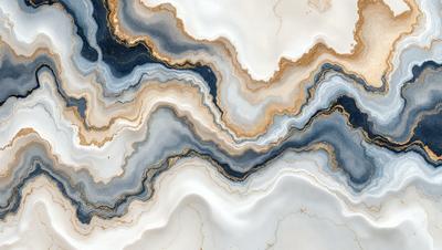 The primary subject of the image is a marble countertop with a unique and intricate design. The setting is a kitchen, and the visual style is a close-up of the marble countertop. The colors and mood of the image are predominantly white, with some blue and brown accents, giving it a clean and elegant appearance.