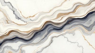 The primary subject of the image is a marble countertop with a gold and white pattern. The setting is a kitchen, and the visual style is a close-up of the marble countertop. The colors and mood of the image are predominantly white and gold, giving it a luxurious and elegant appearance.