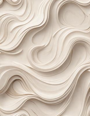 The primary subject of the image is a large, white, curved wall with a wave-like texture. The setting is a room with a white background, and the visual style appears to be a combination of digital art and illustration. The dominant colors are white and gray, creating a clean and minimalist atmosphere.