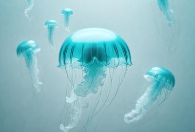 The primary subject of the image is a blue and white jellyfish. The setting is a blue background, which creates a contrast with the jellyfish's colors. The visual style is a close-up of the jellyfish, showcasing its intricate details. The colors and mood of the image are predominantly blue and white, giving it a calm and serene atmosphere.