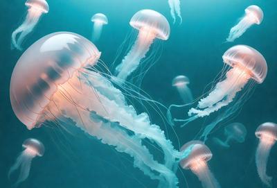 The primary subject of the image is a group of jellyfish floating in the ocean. There are at least nine jellyfish visible in the scene, with various sizes and shapes. The setting is the ocean, with a blue background that complements the vibrant colors of the jellyfish. The visual style is a close-up of the jellyfish, showcasing their intricate patterns and details. The colors and mood of the image are lively and serene, as the jellyfish float gracefully in the