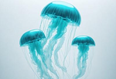 The primary subject of the image is a group of four blue and green jellyfish floating in the water. The setting is a blue and white background, which creates a visually appealing contrast with the vibrant colors of the jellyfish. The visual style of the image is a combination of photo and digital art, giving it a unique and artistic appearance. The dominant colors in the image are blue and green, which evoke a sense of tranquility and natural beauty.