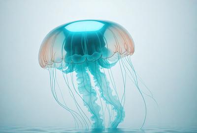 The primary subject of the image is a large, blue, and pink jellyfish floating in a blue ocean. The setting is a vast, open water body, and the visual style is a close-up of the jellyfish. The colors and mood of the image are vibrant and lively, with the blue and pink hues of the jellyfish contrasting against the blue ocean.