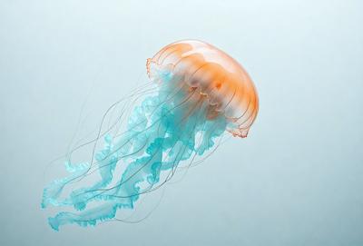 The primary subject of the image is a close-up of a blue and orange jellyfish. The setting is a white background, which provides a clean and minimalistic look. The visual style is a photo, capturing the intricate details of the jellyfish. The dominant colors are blue and orange, creating a vibrant and lively atmosphere.