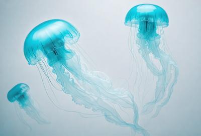 The primary subject of the image is a pair of blue and white jellyfish. They are floating in a blue background, which creates a serene and calming atmosphere. The visual style of the image is a photo, capturing the beauty of the jellyfish in their natural environment. The colors and mood of the image are predominantly blue, which adds to the overall tranquility of the scene.