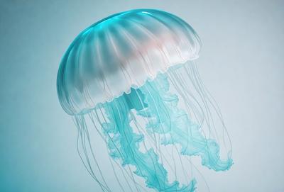 The primary subject of the image is a large, blue, and white jellyfish. The setting is a white background, which provides a clean and uncluttered environment for the jellyfish to be the main focus. The visual style is a close-up, which allows for a detailed view of the jellyfish's unique features. The colors and mood of the image are predominantly blue and white, creating a calm and serene atmosphere.