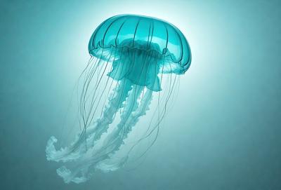 The primary subject of the image is a large, blue, and white jellyfish floating in a blue ocean. The setting is a vast, open water body, and the visual style is a close-up of the jellyfish. The dominant colors in the image are blue and white, creating a serene and calming atmosphere.
