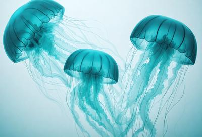 The primary subject of the image is a group of four blue and green jellyfish floating in the water. The setting is a blue background, which creates a vibrant and lively atmosphere. The visual style is a combination of photo and digital art, giving the image a unique and artistic appearance. The colors and mood are predominantly blue and green, which are associated with calmness and tranquility.