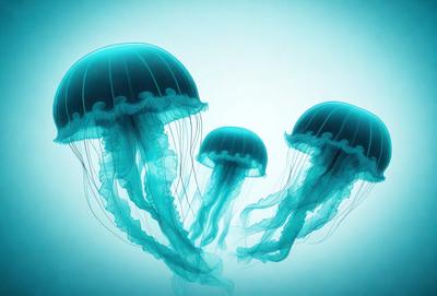 The primary subject of the image is a group of three blue and white jellyfish. They are floating in a blue ocean, with their tentacles spread out. The setting is a vast, open ocean, and the visual style is a combination of photo and digital art. The colors and mood of the image are serene and calming, with the blue and white colors of the jellyfish creating a sense of tranquility.