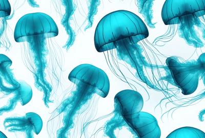 The primary subject of the image is a group of blue and white jellyfish. They are arranged in a pattern, with some of them overlapping each other. The setting is a white background, which provides a clean and minimalistic look to the image. The visual style is a combination of photo and digital art, creating a unique and eye-catching representation of the jellyfish. The colors and mood of the image are predominantly blue and white, giving it a calm and serene atmosphere.