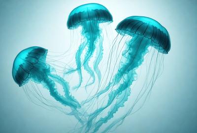 The primary subject of the image is a group of four blue and green jellyfish floating in the water. The setting is a blue background, which creates a serene and calming atmosphere. The visual style is a photo, capturing the beauty of the jellyfish in their natural environment. The colors and mood of the image are predominantly blue and green, giving the scene a peaceful and tranquil vibe.