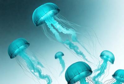 The primary subject of the image is a group of blue and white jellyfish floating in a blue ocean. The setting is a vast, open ocean with a clear blue sky above. The visual style is a combination of photo and digital art, creating a realistic yet artistic representation of the jellyfish. The colors and mood of the image are predominantly blue and white, giving it a serene and calming atmosphere.