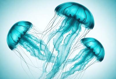 The primary subject of the image is a group of blue and white jellyfish. They are floating in a blue ocean, creating a serene and calming atmosphere. The setting is a vast, open ocean, with no visible land or other objects. The visual style of the image is a combination of photo and digital art, as it captures the beauty of the jellyfish in a realistic yet artistic manner. The colors and mood of the image are predominantly blue and white, which are associated with tranquility and