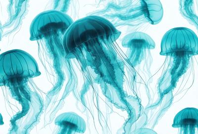 The primary subject of the image is a group of blue and white jellyfish. They are floating in a blue ocean, creating a serene and calming atmosphere. The setting is a vast expanse of water, with the jellyfish spread out across the scene. The visual style of the image is a combination of photo and digital art, as it captures the beauty of the jellyfish in a realistic yet artistic manner. The colors and mood of the image are predominantly blue and white, evoking a sense