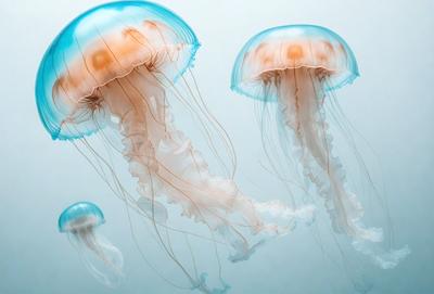The primary subject of the image is a group of four large, blue, and white jellyfish floating in a blue ocean. The setting is a vast, open water body, providing a serene and natural backdrop for the jellyfish. The visual style of the image is a photo, capturing the beauty and grace of the jellyfish in their natural habitat. The colors and mood of the image are predominantly blue and white, creating a sense of calmness and tranquility.