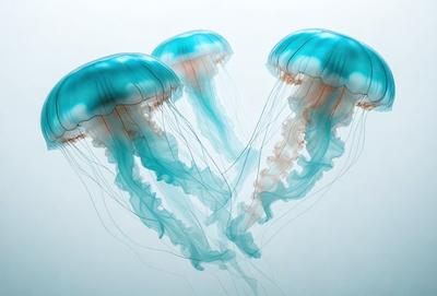 The primary subject of the image is a group of four blue and white jellyfish. They are floating in a white background, which creates a clean and minimalist visual style. The colors and mood of the image are predominantly blue and white, giving it a calm and serene atmosphere.