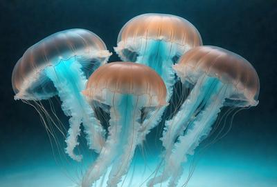 The primary subject of the image is a group of six jellyfish, each with different colors and sizes, floating in a dark blue ocean. The setting is underwater, with the jellyfish spread out in the water. The visual style is a photo, capturing the beauty of the jellyfish in their natural habitat. The colors and mood of the image are dark and moody, with the blue ocean providing a contrasting backdrop to the vibrant colors of the jellyfish.
