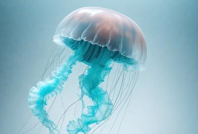 The primary subject of the image is a large, blue, and white jellyfish. The setting is a white background, which provides a clean and uncluttered look. The visual style is a close-up of the jellyfish, showcasing its intricate details. The colors and mood of the image are predominantly blue and white, creating a calm and serene atmosphere.