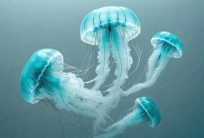 The primary subject of the image is a close-up of a blue and white jellyfish. The setting is a dark blue background, which creates a contrast with the vibrant colors of the jellyfish. The visual style is a digital art or illustration, as the jellyfish appears to be a detailed and realistic representation. The colors and mood of the image are predominantly blue and white, giving it a calm and serene atmosphere.