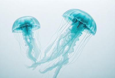 The primary subject of the image is a pair of blue and white jellyfish. They are floating in a blue background, which gives the scene a serene and calming atmosphere. The visual style of the image is a close-up of the jellyfish, showcasing their intricate patterns and details. The colors and mood of the image are predominantly blue, which adds to the overall tranquil and soothing ambiance.