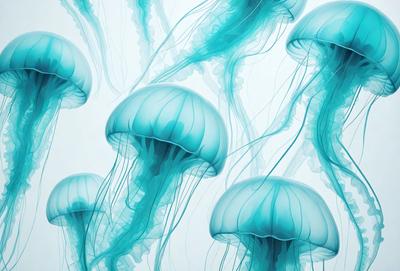 The primary subject of the image is a group of blue and white jellyfish. They are floating in a white background, creating a serene and calming atmosphere. The visual style of the image is a combination of photo and digital art, as it appears to be a close-up of the jellyfish with a slightly blurred background. The colors and mood of the image are predominantly blue and white, giving it a peaceful and tranquil feel.